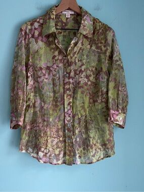 Coldwater Creek Shaped Spring Floral Sheer Silk Green Blouse M Vintage Airy
